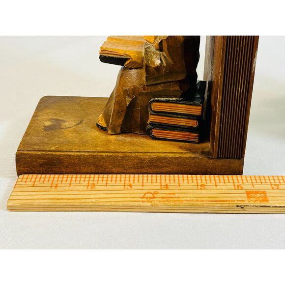 Vintage Wood Carved Monks Scholar Reading Books Sitting on Books Bookends - Picture 10 of 11